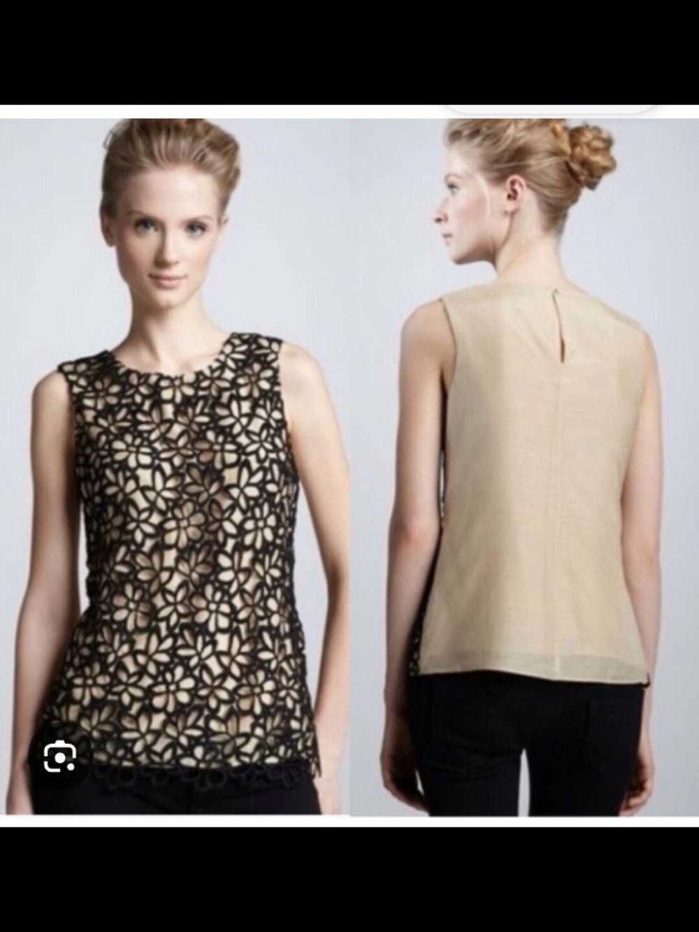 Lela Rose Black Floral Laser-Cut Overlay Camisole with Beige Lining